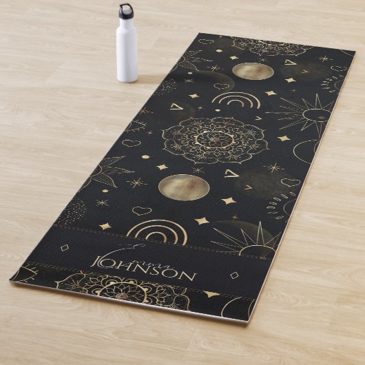 Boho Gold Space doodles Black Design Yogamat (In situ)