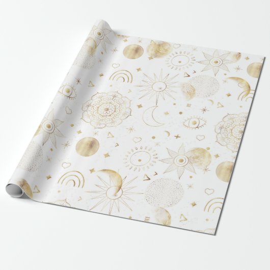 Boho Gold Space doodles White Design Cadeaupapier (Uitgerold)