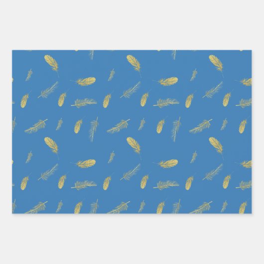 Boho Golden Feathers French Blue Inpakpapier Vel (Voorkant)