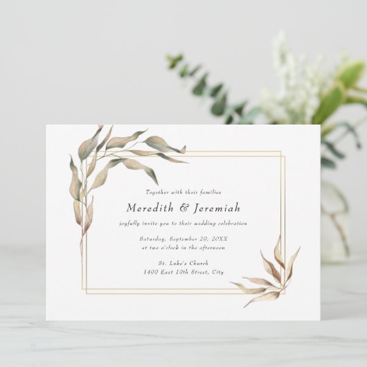 Boho Golden Greenery Wedding Invitation Kaart (Staand voorkant)