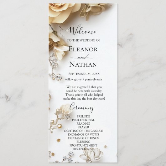 Boho Golden Rozen Spring Wedding Programmakaart (Voorkant)