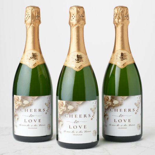 Boho Golden Rozen Spring Wedding Sparkling Wijnetiket (Flessen)