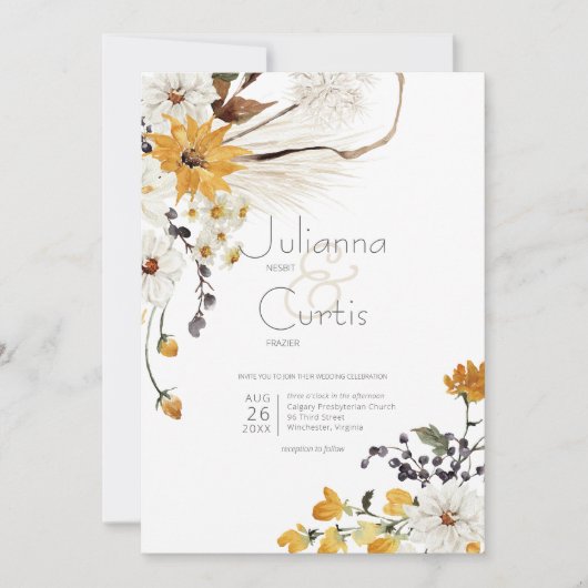 Boho Golden Yellow Meadow Bloemen Gele Bruiloft Kaart (Voorkant)