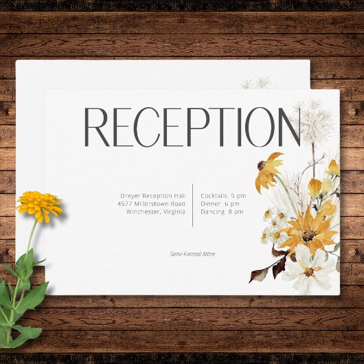 Boho Golden Yellow Meadow Bloemen Wit Receptie Informatiekaartje