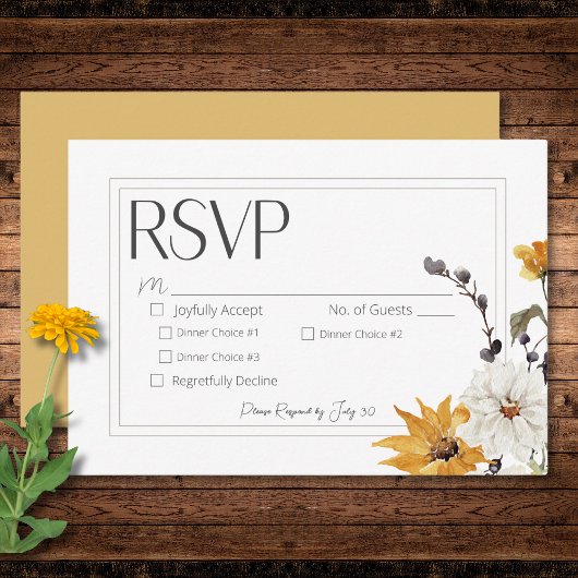 Boho Golden Yellow Meadow Flowers Gold Dinner RSVP Kaartje