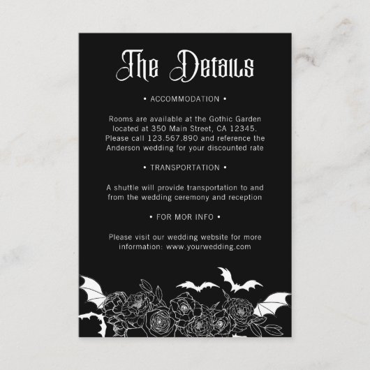 Boho Gothic Botanisch Zwart Bruiloft Details Informatiekaartje (Voorkant)