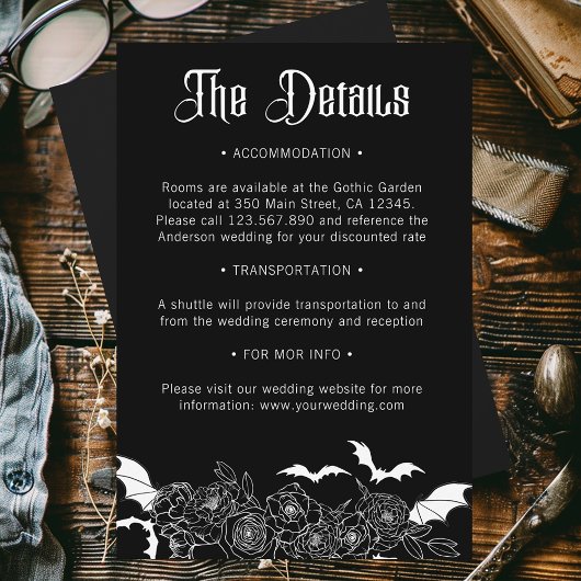 Boho Gothic Botanisch Zwart Bruiloft Details Informatiekaartje