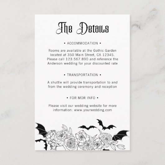 Boho Gothic Botanische bruiloft Details Informatiekaartje (Voorkant)