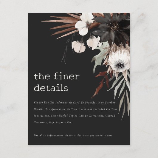 Boho Gothic Roest Zwart Botanisch Bruiloft Details Informatiekaartje (Voorkant)