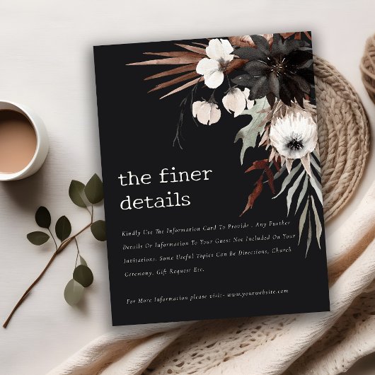 Boho Gothic Roest Zwart Botanisch Bruiloft Details Informatiekaartje