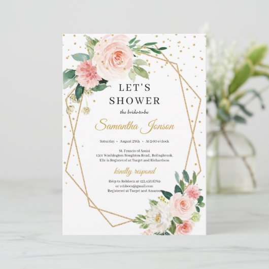 Boho goud geometrische blush roze bloemenbruids kaart (Staand voorkant)