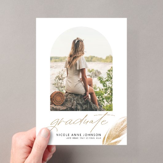 Boho Goud Glitter Veer Witte Foto Afstuderen Acryl Uitnodigingen (Insitu (Draagbaar))