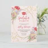 Boho goud glitters bloem roze foto afstuderen kaart (Staand voorkant)