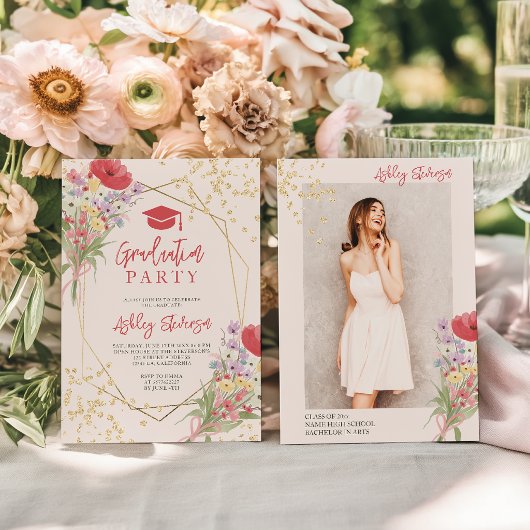 Boho goud glitters bloem roze foto afstuderen kaart
