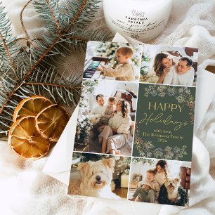 Boho Goud Groen Vijf Foto Familie Kerstkaart