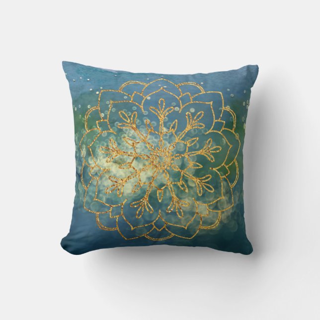 Boho Goud Mandala Blauw Groen Aquarel Glitter Kussen (Voorkant)