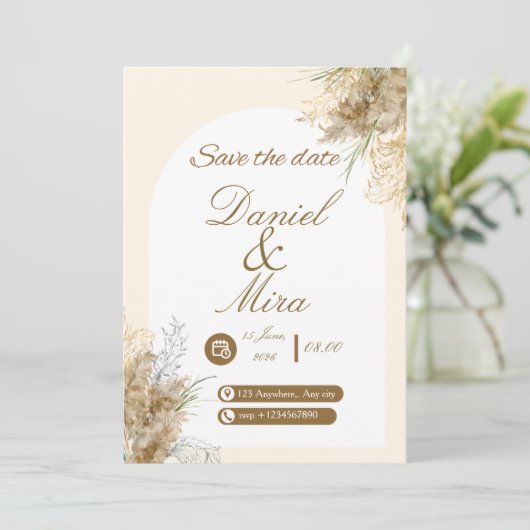 Boho Goud Pampas Boog Volledig Bewerkbare Trouw  Kaart (Staand voorkant)