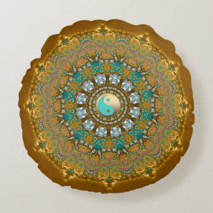 Boho Goud Turquoise Yin Yang Jewel Mandala Rond Kussen