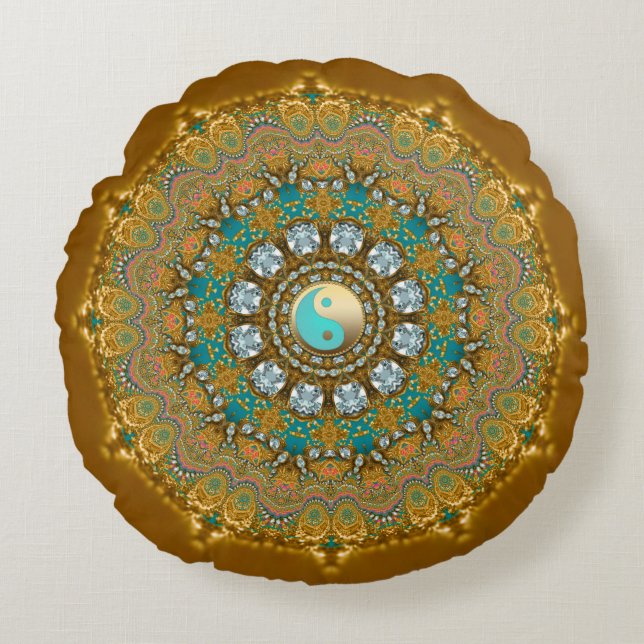 Boho Goud Turquoise Yin Yang Sier Mandala Rond Kussen (Voorkant)