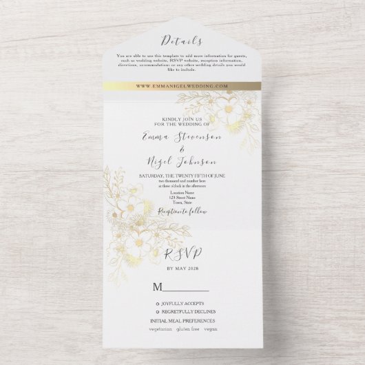 Boho goud vergulde bloemetjesbruiloft all in one uitnodiging (Binnen)
