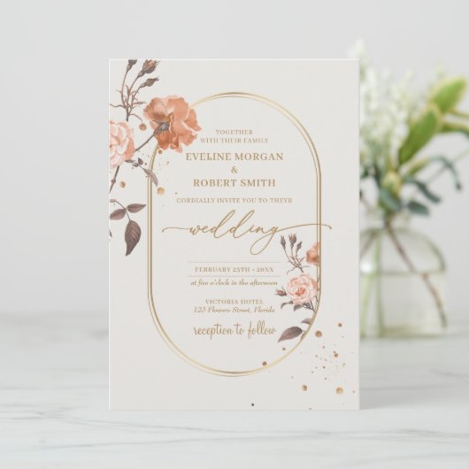 Boho gouden boog waterverf roos bruine tinten blad kaart (Staand voorkant)