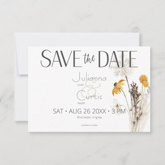 Boho Gouden Gele Meadow Bloemen Bruiloft Save The Date (Voorkant)