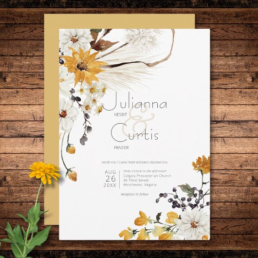 Boho Gouden Gele Meadow Bloemen Gouden Bruiloft Kaart