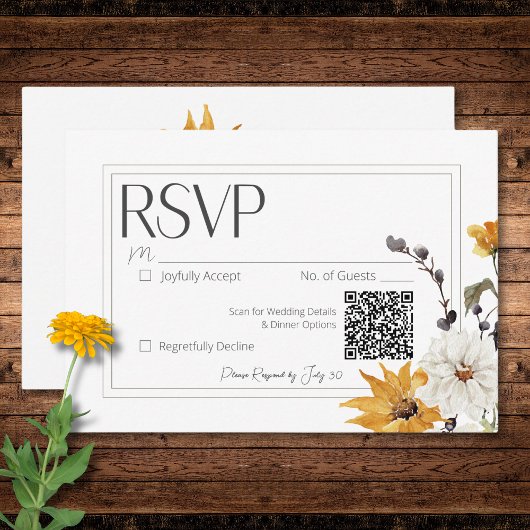 Boho Gouden Gele Meadow Bloemen Wit QR Code RSVP Kaartje