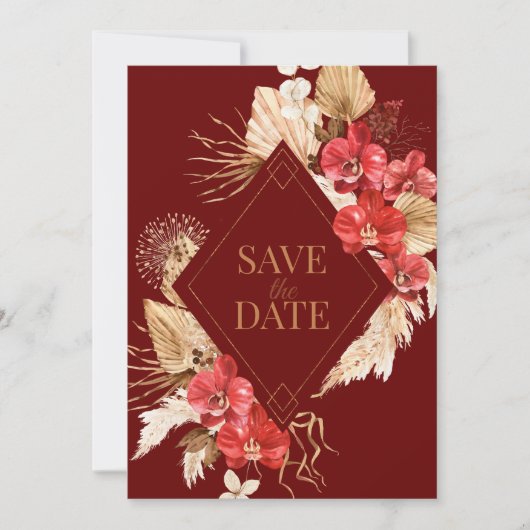 Boho  gouden lijst rode orchidee val bruiloft save the date (Voorkant)