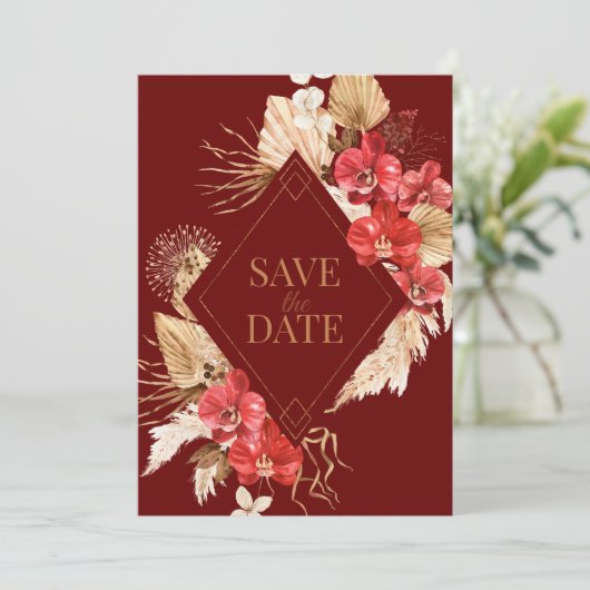 Boho  gouden lijst rode orchidee val bruiloft save the date (Staand voorkant)