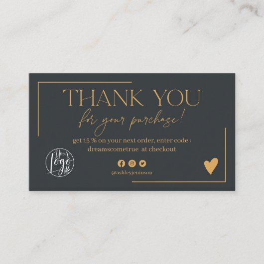 Boho goudmarineschandje blauw script bedankt visitekaartje (Voorkant)