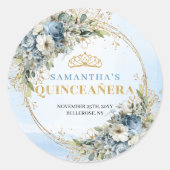 Boho Graceful Pale Blue Gold Greenery Quinceañera Ronde Sticker (Voorkant)