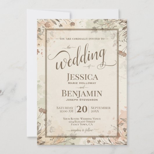 Boho Grasses & Wildflowers Stylish Script Wedding Kaart (Voorkant)