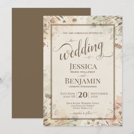 Boho Grasses & Wildflowers Stylish Script Wedding Kaart (Voorkant / Achterkant)