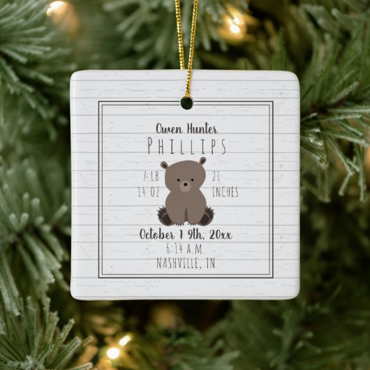 Boho Gray Beer Cub Baby Boy Birth Stats Keramisch Ornament (Boom)