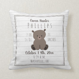 Boho Gray Beer Cub Baby Boy Birth Stats Kussen