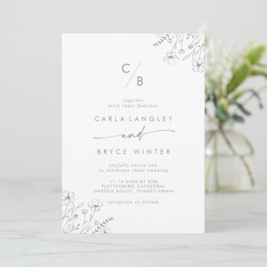 Boho Gray Calligraphy Wildflower Monogram Wedding Kaart (Staand voorkant)