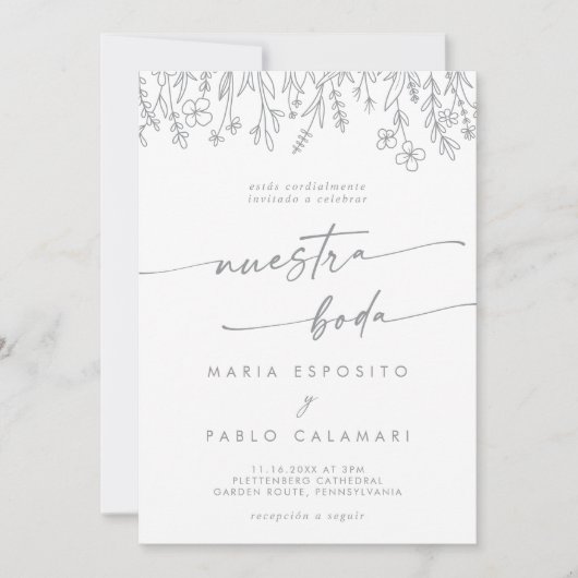 Boho Gray Calligraphy Wildflower Spanish Wedding Kaart (Voorkant)