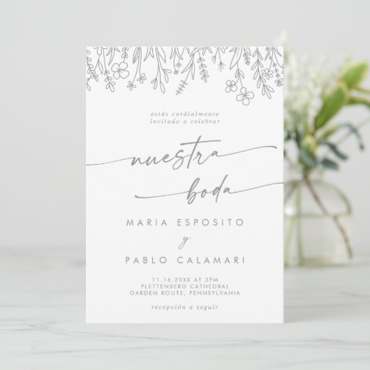 Boho Gray Calligraphy Wildflower Spanish Wedding Kaart (Staand voorkant)