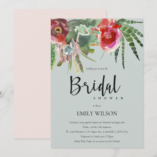 BOHO GRAY PINK FLORAL CACTI FOLIAGE VRIJGEZELLENFE KAART (Voorkant / Achterkant)