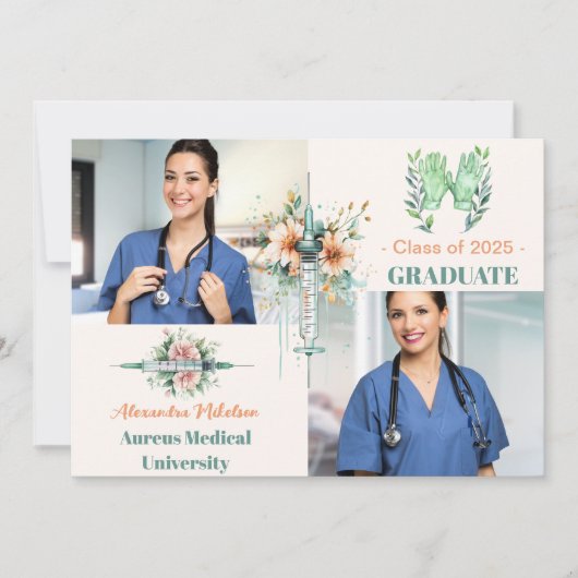 Boho Green 2 Foto Waterverf Nursing School Gradu Aankondiging (Voorkant)