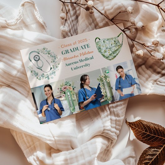 Boho Green 3 Foto Waterverf Nursing School Gradu Aankondiging
