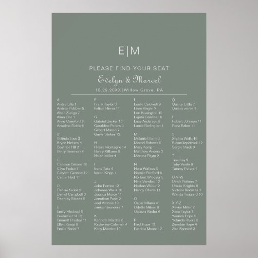 Boho Green Alfabetical Wedding Seding Chart Poster (Voorkant)