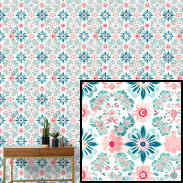 Boho Green Aqua Roze Bloemen Abstract Bloemen Behang