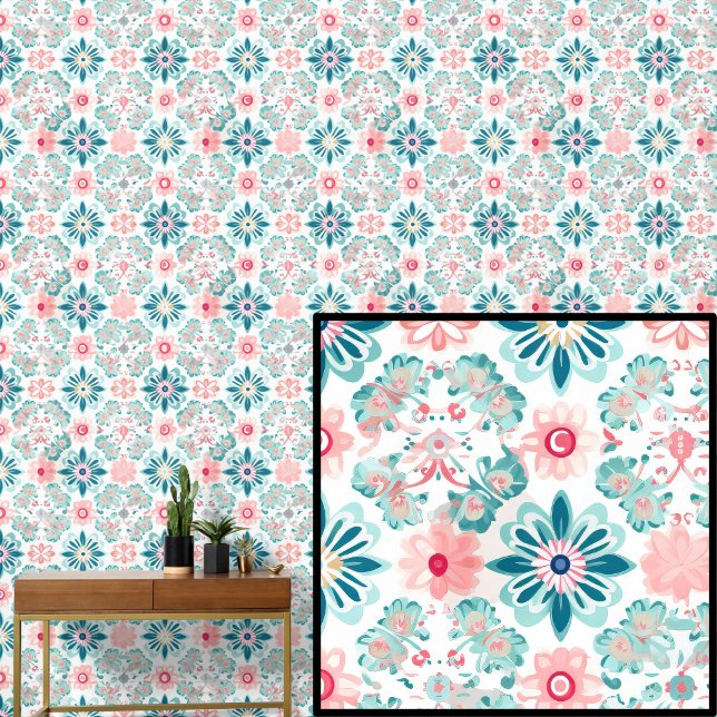 Boho Green Aqua Roze Bloemen Abstract Bloemen Behang (Creator heeft geüpload)