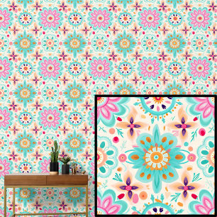 Boho Green Aqua Roze Bloemen Abstract Bloemen Behang
