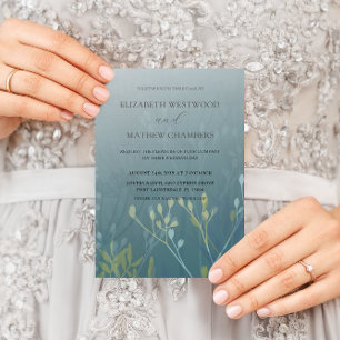 Boho Green Blue en Yellow Ppress Foliage Wedding Kaart