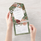 Boho Green Burgundy Herfst Floral Dinner All In One Uitnodiging (Afscheurbaar)