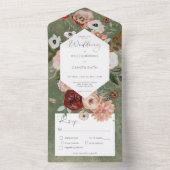 Boho Green Burgundy Herfst Floral Dinner All In One Uitnodiging (Binnen)