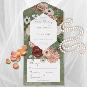 Boho Green Burgundy Herfst Floral Dinner All In One Uitnodiging